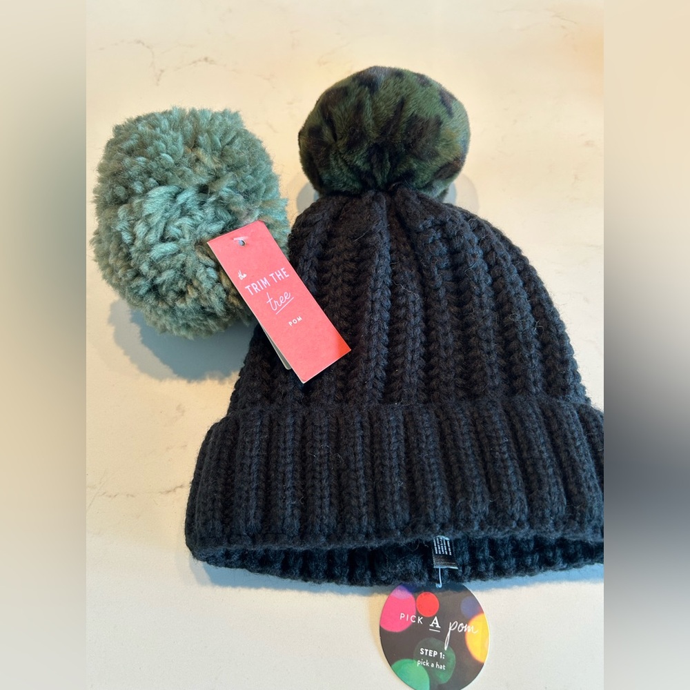 Anthropologie Black Pom-Pom Hat, includes leopard print  Pom Pom and green Pom